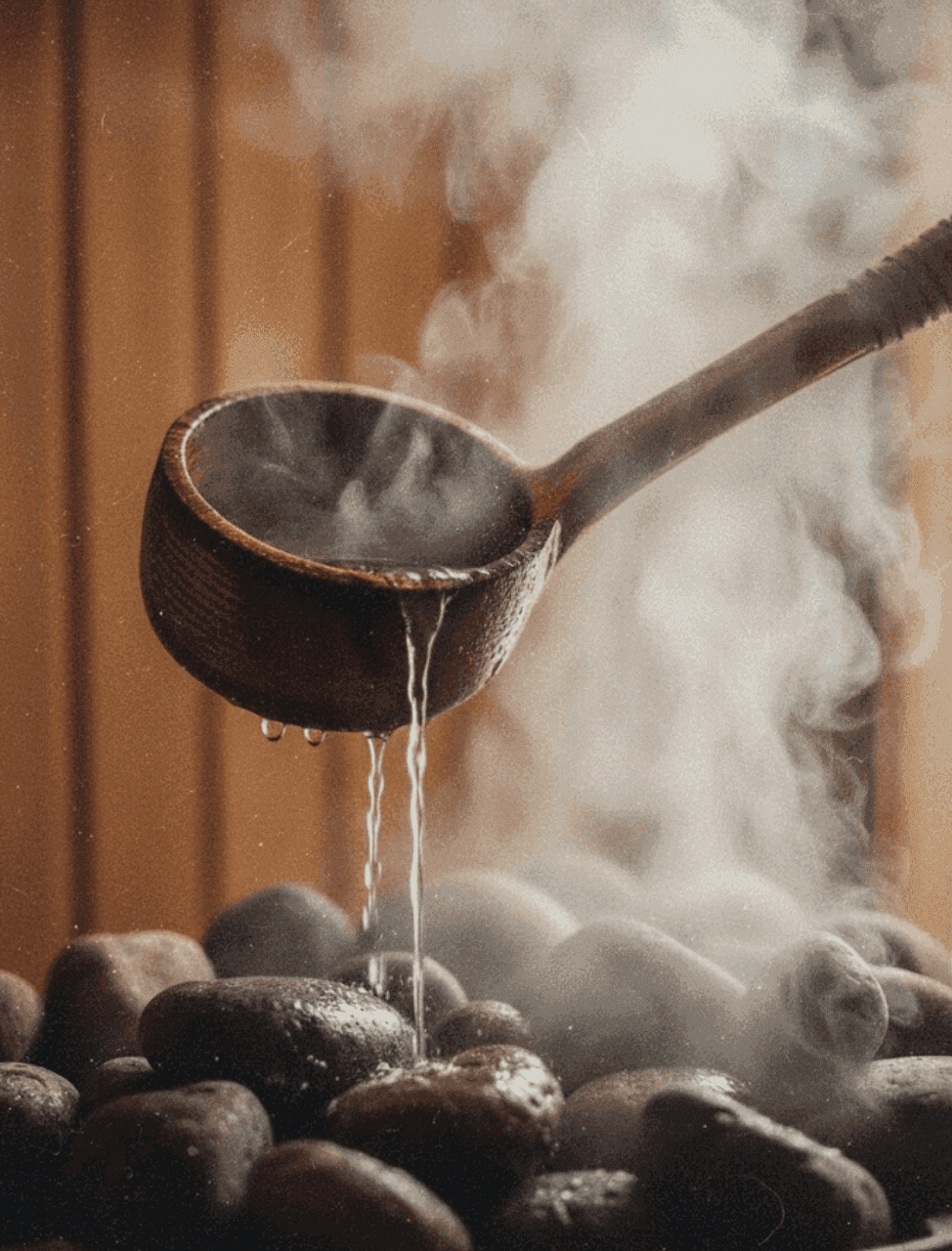Water poured from a wooden ladle onto hot sauna stones